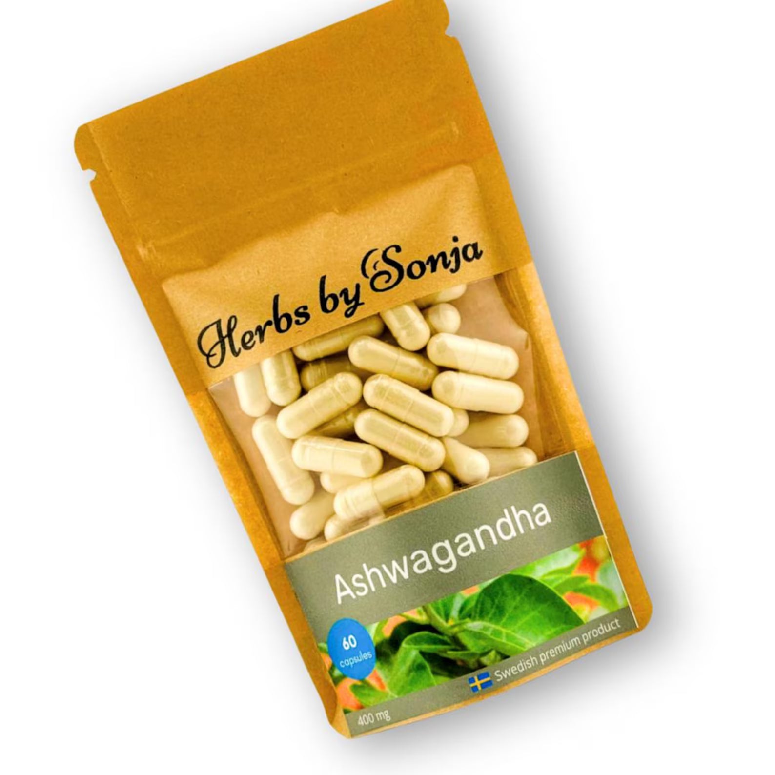 Ashwagandha-kapslar 400 mg | Standardiserat extrakt av metanolider | Veganskt | 60 kapslar | Withania somnifera | Tillverkad i Sverige